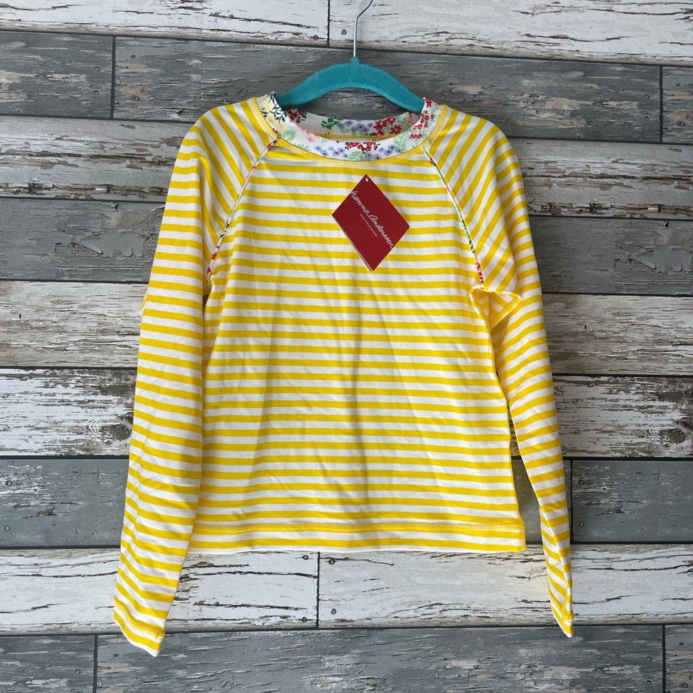 Hanna Andersson Yellow and White Striped Long Sleeve rash guard